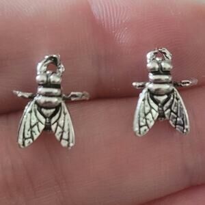House fly silver tone post earrings